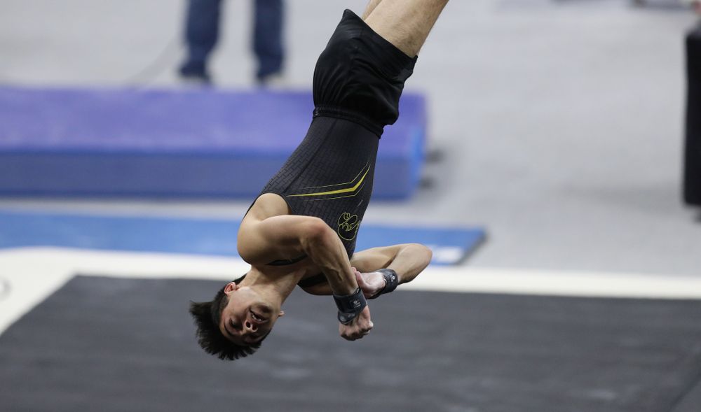 Iowa's Andrew Herrador competes on the floor against Oklahoma Saturday, February 9, 2019 at Carver-Hawkeye Arena. (Brian Ray/hawkeyesports.com)