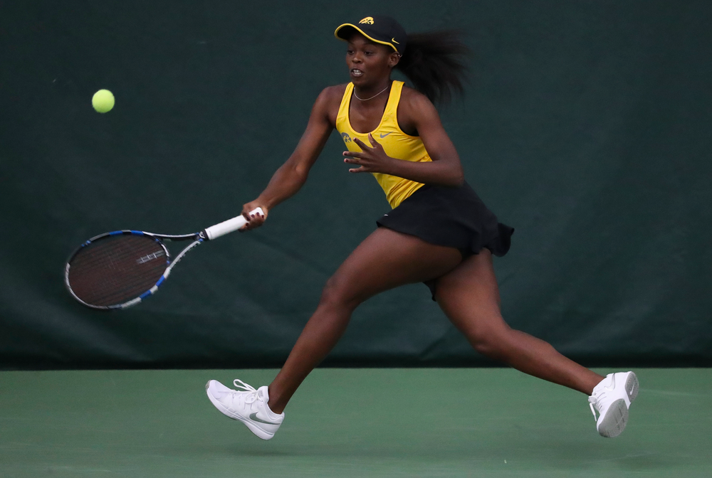 Adorabol Huckleby returns a shot in a singles match during the second day of the ITA Central Regional Championships at the Hawkeye Tennis and Recreation Complex on October 13, 2018. (Tork Mason/hawkeyesports.com)