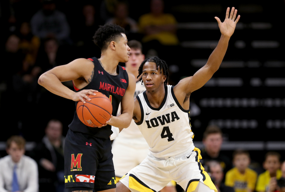 Iowa Hawkeyes guard Bakari Evelyn (4) against the Maryland Terrapins Friday, January 10, 2020 at Carver-Hawkeye Arena. (Brian Ray/hawkeyesports.com)