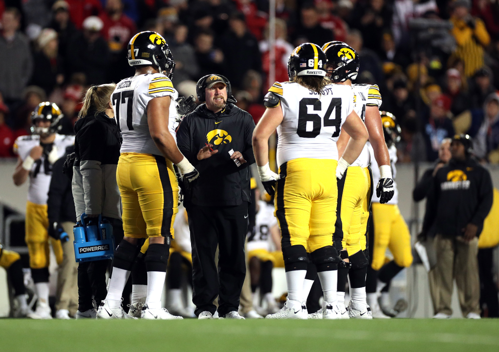 Iowa Hawkeyes offensive line coach Tim Polasek against the Wisconsin Badgers Saturday, November 9, 2019 at Camp Randall Stadium in Madison, Wisc. (Brian Ray/hawkeyesports.com)
