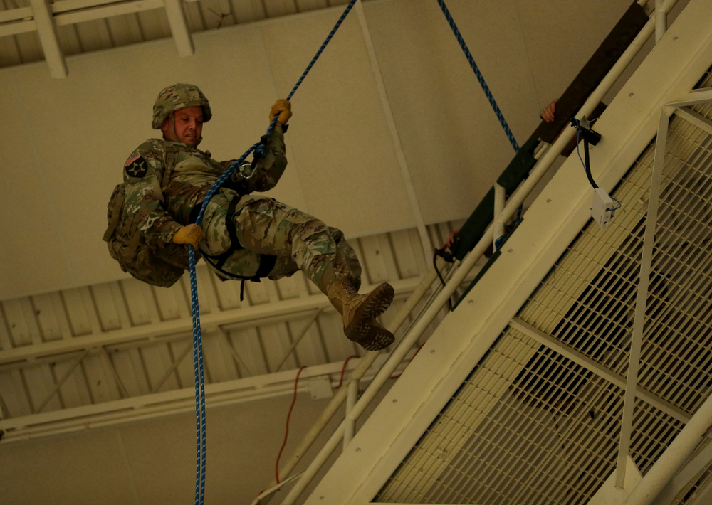 Members of the Iowa Army and Air Force ROTC rappel down from the rafters before the Iowa Hawkeyes game against Penn State Saturday, February 29, 2020 at Carver-Hawkeye Arena. (Brian Ray/hawkeyesports.com)