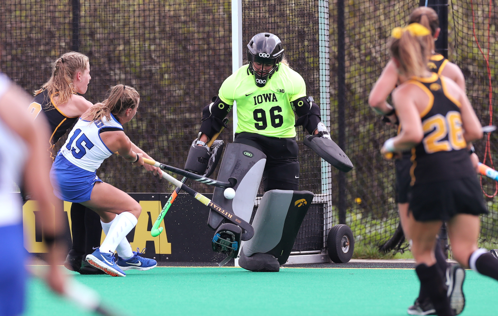 Iowa Hawkeyes goaltender Leslie Speight (96) makes a save against the Duke Blue Devils Sunday, September 15, 2019 at Grant Field. (Brian Ray/hawkeyesports.com)