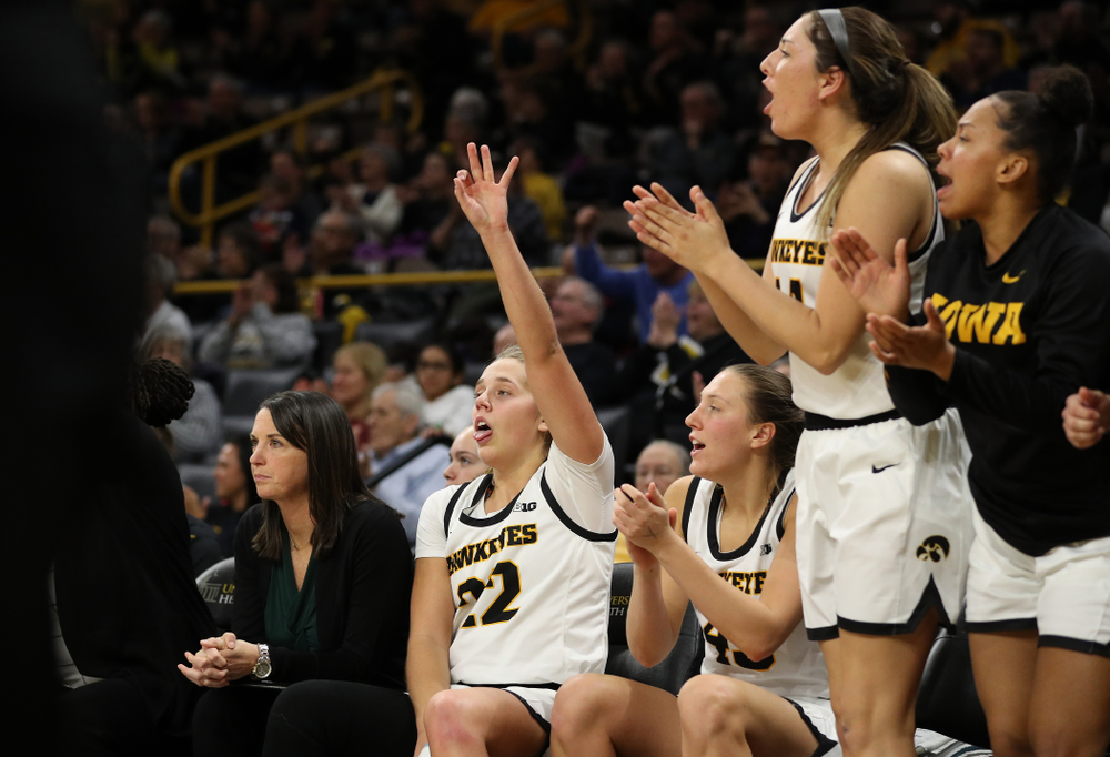 Iowa Hawkeyes guard Kathleen Doyle (22) celebrates a three point basket against North Alabama Thursday, November 14, 2019 at Carver-Hawkeye Arena. (Brian Ray/hawkeyesports.com)