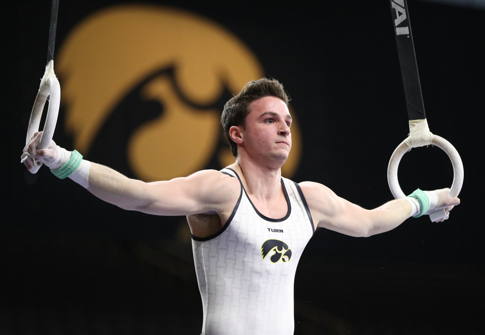 Iowa's Jake Brodarzon competes on the rings against UIC and Minnesota Saturday, February 2, 2019 at Carver-Hawkeye Arena. (Brian Ray/hawkeyesports.com)