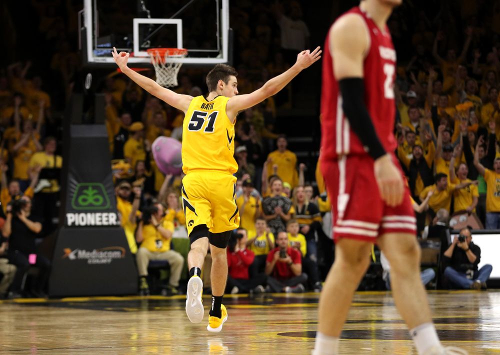 Iowa Hawkeyes forward Nicholas Baer (51) against the Wisconsin Badgers Friday, November 30, 2018 at Carver-Hawkeye Arena. (Brian Ray/hawkeyesports.com)
