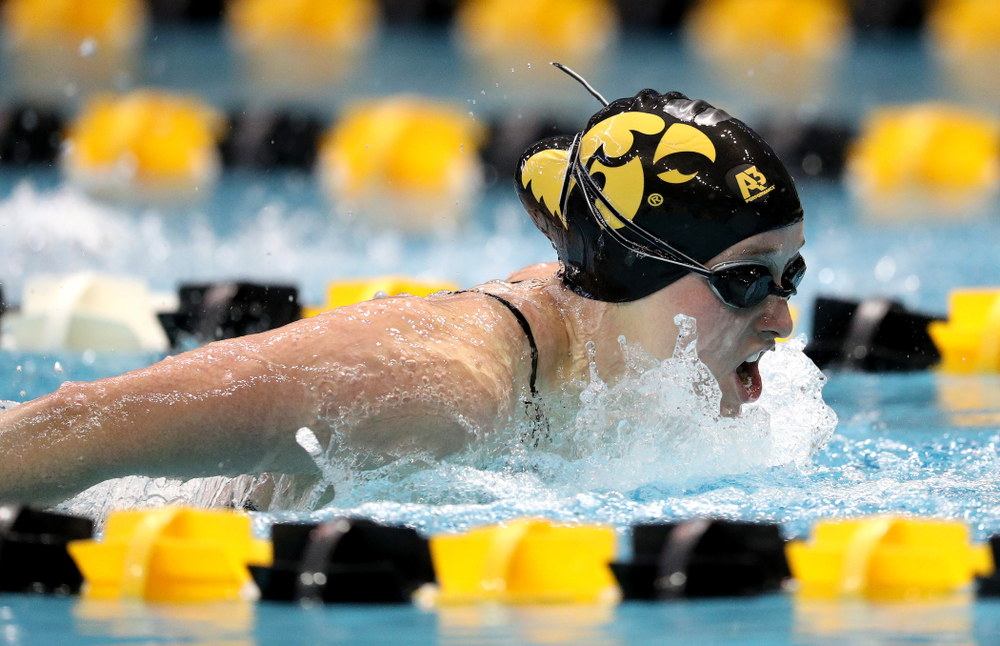IowaÕs Kelsey Drake competes in the 200 yard butterfly against Notre Dame and Illinois Saturday, January 11, 2020 at the Campus Recreation and Wellness Center. (Brian Ray/hawkeyesports.com)