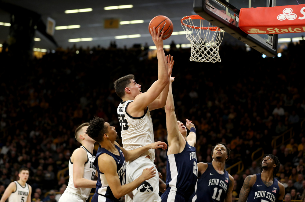 Iowa Hawkeyes forward Luka Garza (55) against Penn State Saturday, February 29, 2020 at Carver-Hawkeye Arena. (Brian Ray/hawkeyesports.com)