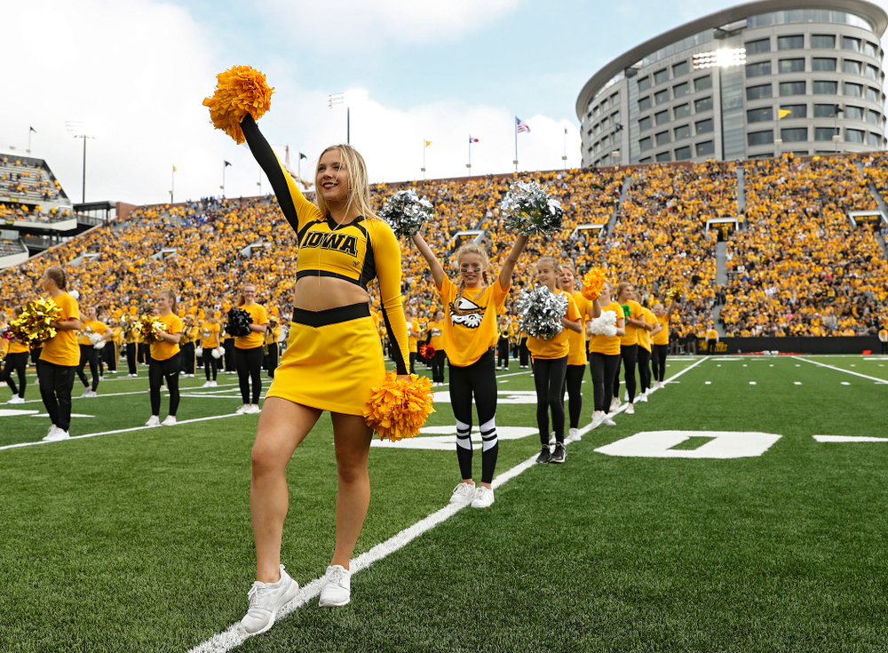 Spirit Squad Day performers on the field during halftime of their game at Kinnick Stadium in Iowa City on Saturday, Sep 28, 2019. (Stephen Mally/hawkeyesports.com)