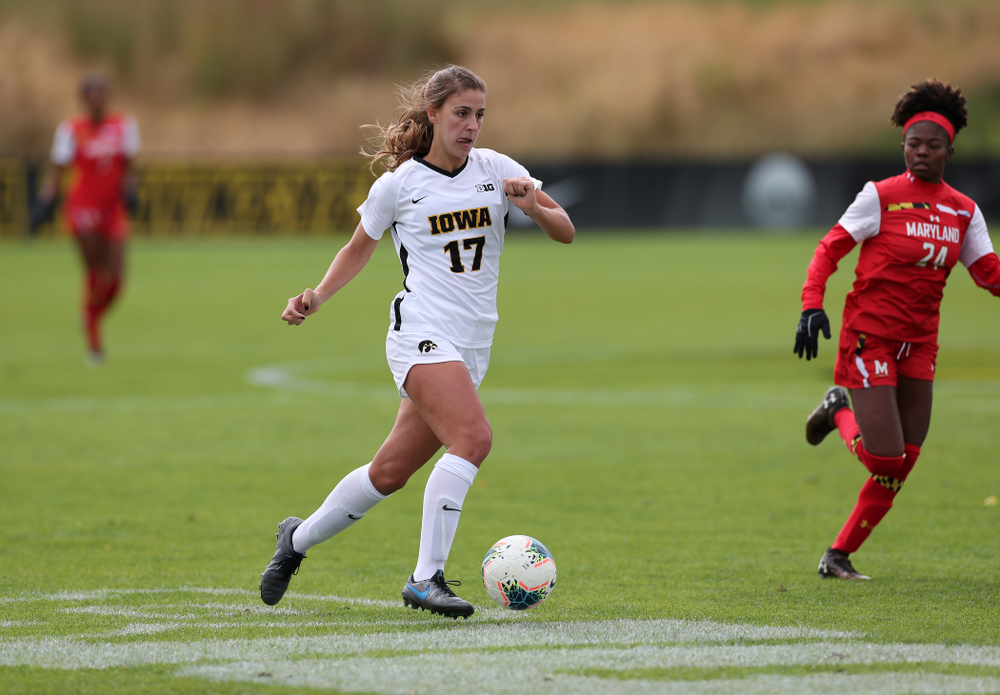 Iowa Hawkeyes defender Hannah Drkulec (17) against the Maryland Terrapins Sunday, October 13, 2019 on senior day. (Brian Ray/hawkeyesports.com)