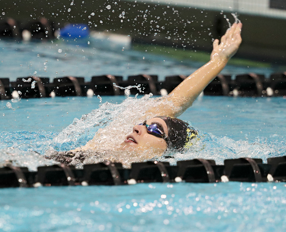 Iowa’s Meghan Hackett swims the backstroke section of the 100-yard individual medley event during their meet against Michigan State at the Campus Recreation and Wellness Center in Iowa City on Thursday, Oct 3, 2019. (Stephen Mally/hawkeyesports.com)