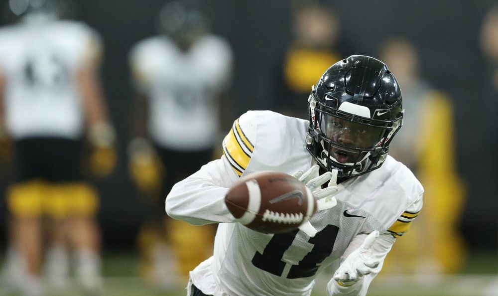 Iowa Hawkeyes defensive back Michael Ojemudia (11) during Fall Camp Practice No. 16 Tuesday, August 20, 2019 at the Ronald D. and Margaret L. Kenyon Football Practice Facility. (Brian Ray/hawkeyesports.com)