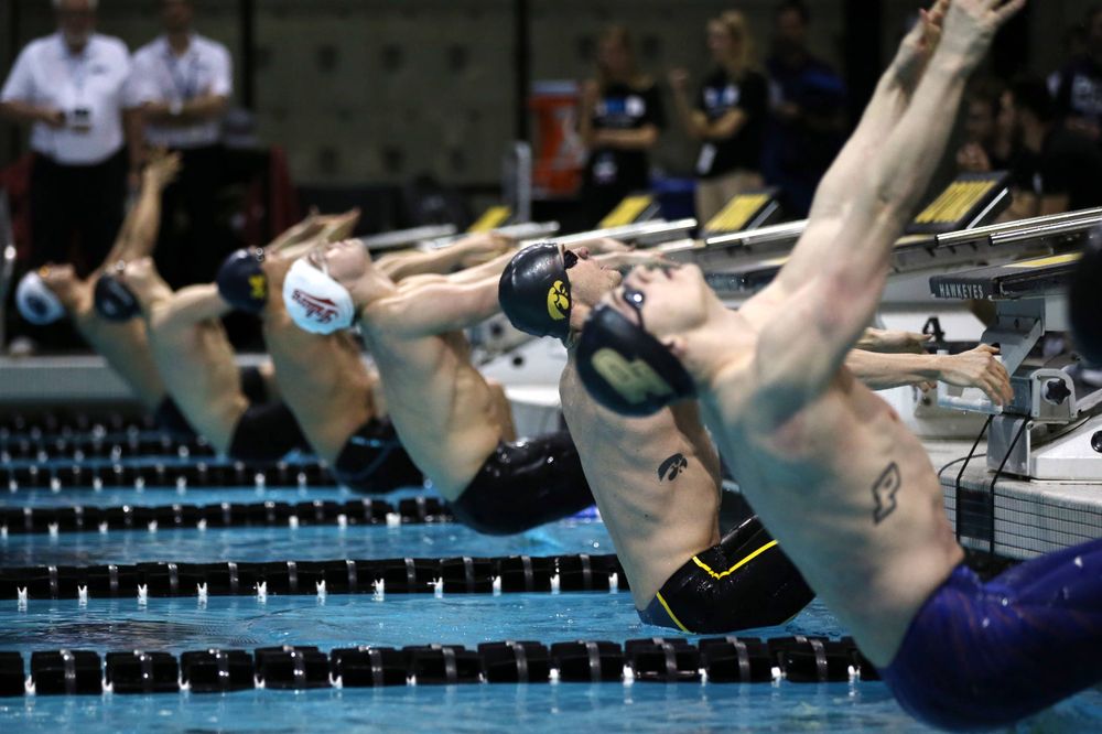 Iowa's Kenneth Mende at the 100-yard backstroke race Friday, March 1, 2019 at the Campus Recreation and Wellness Center. (Lily Smith/hawkeyesports.com)