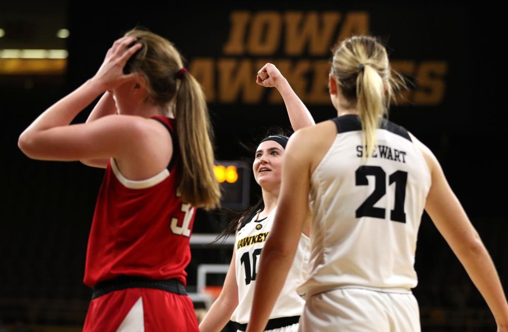 Iowa Hawkeyes forward Megan Gustafson (10) celebrates after making a basket and drawing a foul against the Nebraska Cornhuskers Thursday, January 3, 2019 at Carver-Hawkeye Arena. (Brian Ray/hawkeyesports.com)