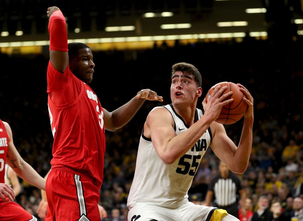 Iowa Hawkeyes forward Luka Garza (55) against the Ohio State Buckeyes Thursday, February 20, 2020 at Carver-Hawkeye Arena. (Brian Ray/hawkeyesports.com)
