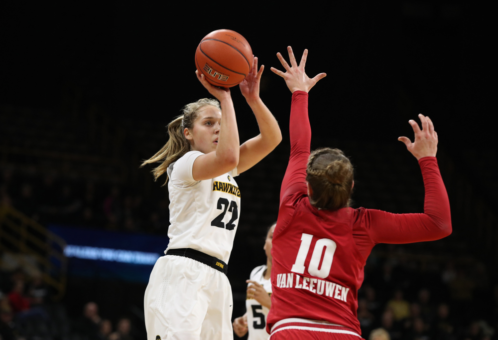 Iowa Hawkeyes guard Kathleen Doyle (22) against the Wisconsin Badgers Monday, January 7, 2019 at Carver-Hawkeye Arena. (Brian Ray/hawkeyesports.com)
