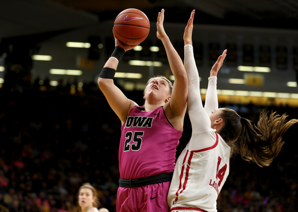 Iowa Hawkeyes forward/center Monika Czinano (25) against the Wisconsin Badgers Sunday, February 16, 2020 at Carver-Hawkeye Arena. (Brian Ray/hawkeyesports.com)