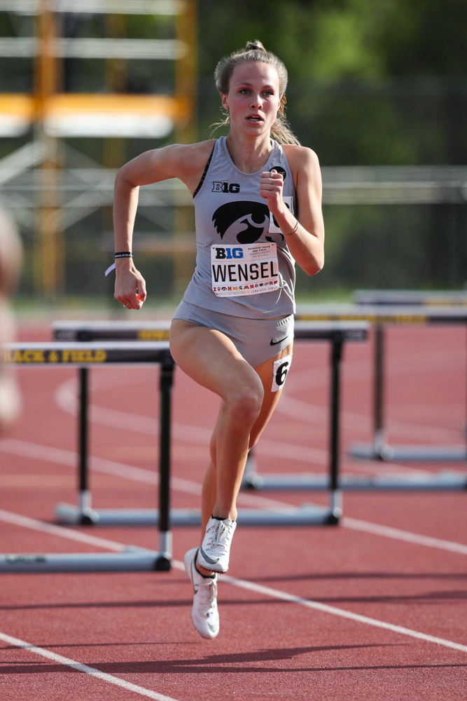 Iowa's Payton Wensel hurdles during the women's 400-meter hurdles at the Big Ten Outdoor Track and Field Championships at Francis X. Cretzmeyer Track on Friday, May 10, 2019. (Lily Smith/hawkeyesports.com)