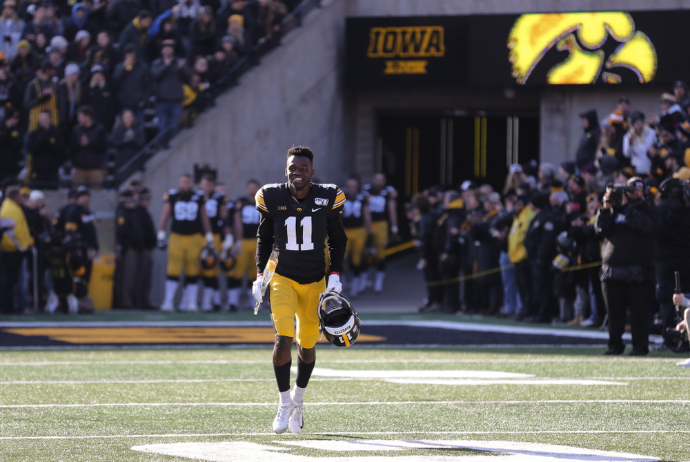 Iowa Hawkeyes defensive back Michael Ojemudia (11) during Senior Day festivities before their game against the Illinois Fighting Illini Saturday, November 23, 2019 at Kinnick Stadium. (Brian Ray/hawkeyesports.com)