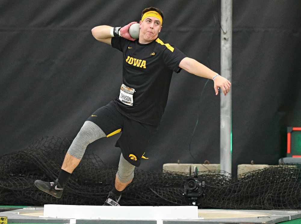 Iowa’s Jordan Johnson throws in the men’s shot put event during the Larry Wieczorek Invitational at the Hawkeye Tennis and Recreation Complex in Iowa City on Friday, January 17, 2020. (Stephen Mally/hawkeyesports.com)