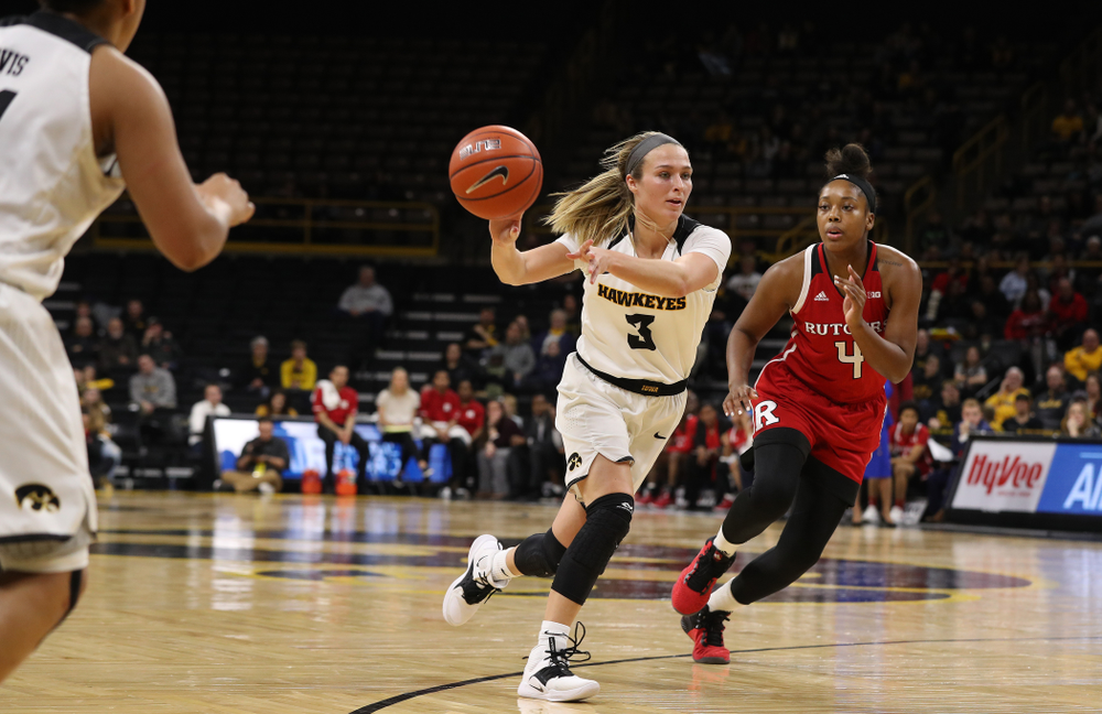 Iowa Hawkeyes guard Makenzie Meyer (3) against the Rutgers Scarlet Knights Wednesday, January 23, 2019 at Carver-Hawkeye Arena. (Brian Ray/hawkeyesports.com)