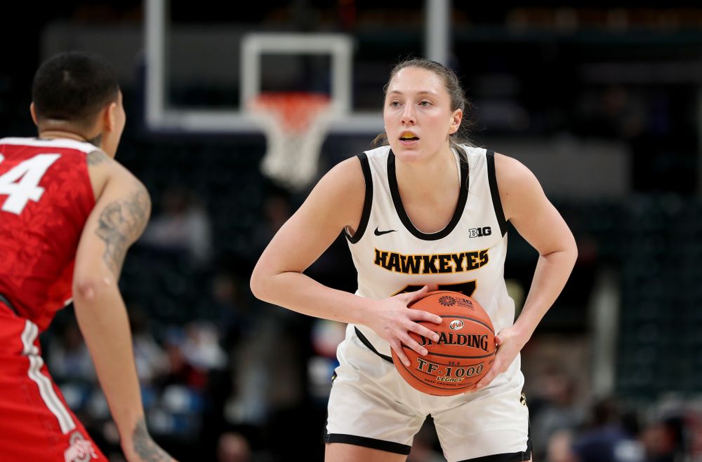 Iowa Hawkeyes forward Amanda Ollinger (43) against Ohio State in the quarterfinals of the Big Ten Basketball Tournament Friday, March 6, 2020 at Bankers Life Fieldhouse in Indianapolis. (Brian Ray/hawkeyesports.com)