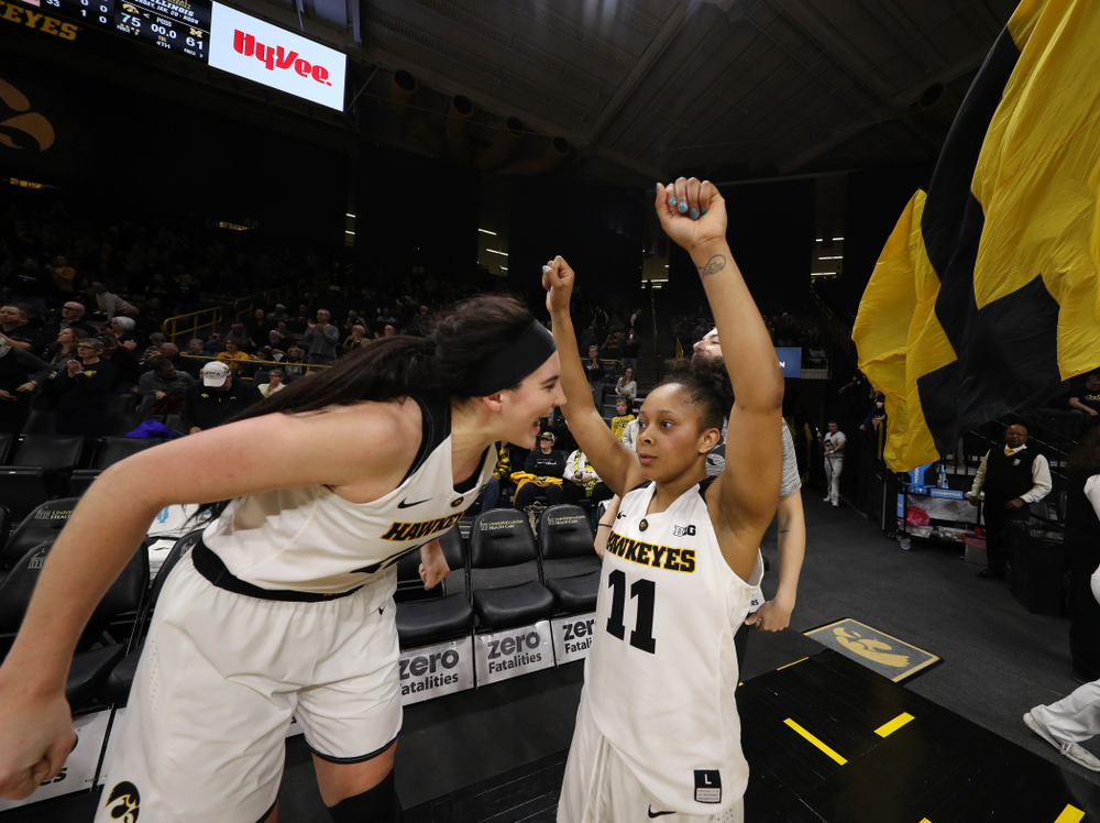 Iowa Hawkeyes forward Megan Gustafson (10) and guard Tania Davis (11) against the Michigan Wolverines Thursday, January 17, 2019 at Carver-Hawkeye Arena. (Brian Ray/hawkeyesports.com)