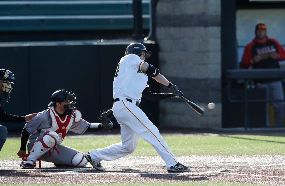 Iowa Hawkeyes outfielder Robert Neustrom (44) against Northern Illinois Tuesday, April 17, 2018 at Duane Banks Field. (Brian Ray/hawkeyesports.com)