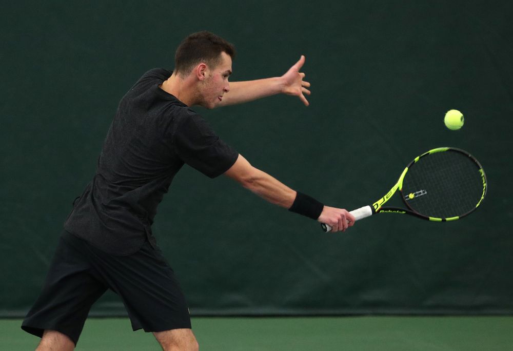 Iowa's Kareem Allaf against UMKC Friday, February 15, 2019 at the Hawkeye Tennis and Recreation Complex. (Brian Ray/hawkeyesports.com)