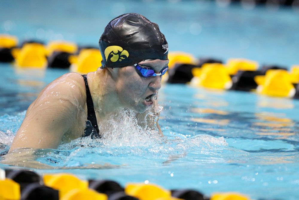 Iowa’s Sage Ohlensehlen swims in the women’s 200 yard breaststroke preliminary event during the 2020 Women’s Big Ten Swimming and Diving Championships at the Campus Recreation and Wellness Center in Iowa City on Saturday, February 22, 2020. (Stephen Mally/hawkeyesports.com)
