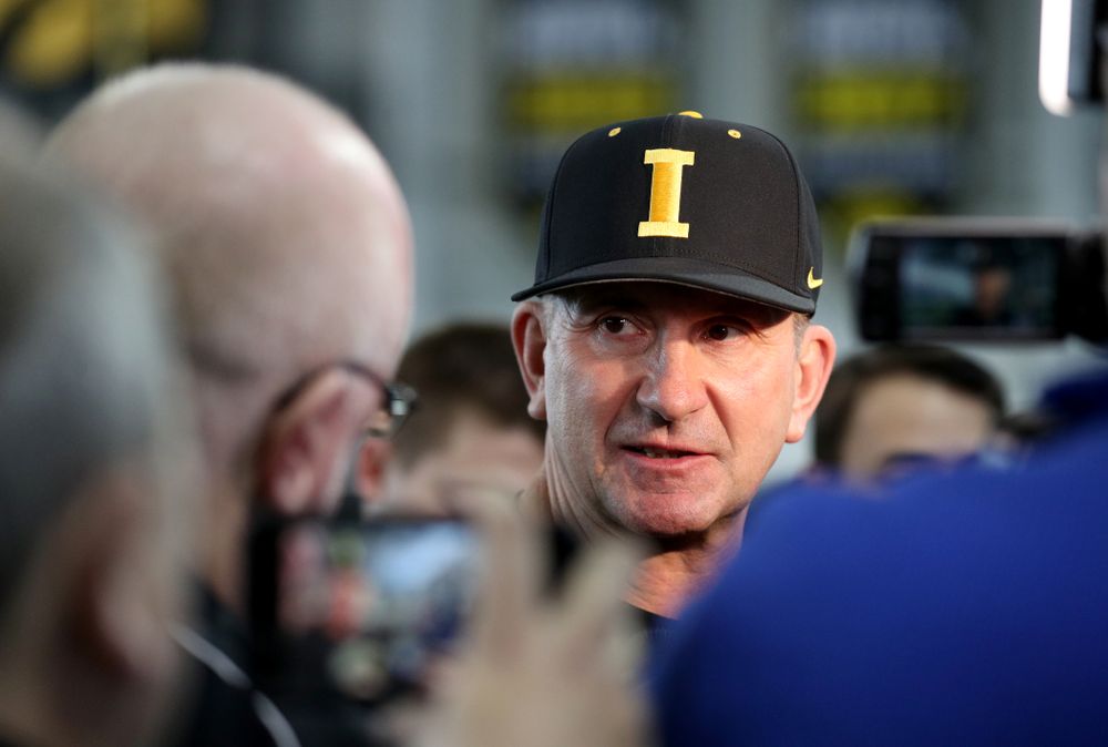 Iowa Hawkeyes head coach Rick Heller answers questions from reporters during their annual media day Thursday, February 6, 2020 at the Indoor Practice Facility. (Brian Ray/hawkeyesports.com)