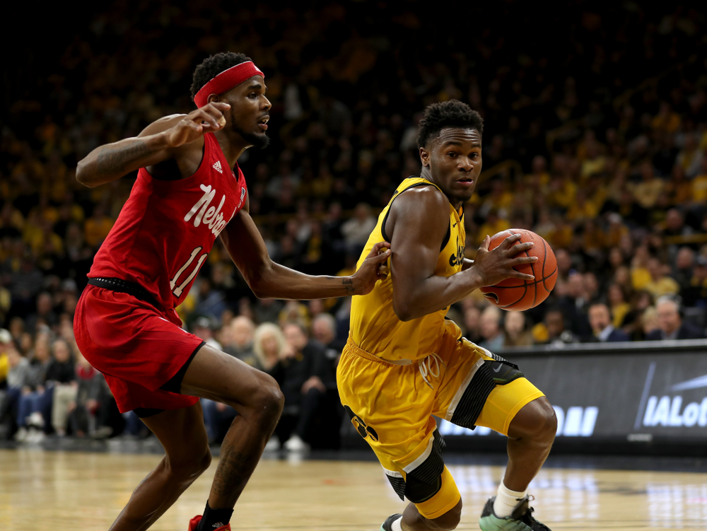 Iowa Hawkeyes guard Joe Toussaint (1) against the Nebraska Cornhuskers Saturday, February 8, 2020 at Carver-Hawkeye Arena. (Brian Ray/hawkeyesports.com)