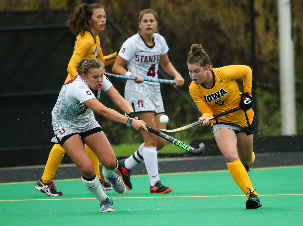 Iowa Hawkeyes midfielder Meghan Conroy (5) juggles the ball during a game against Stanford at Grant Field on October 7, 2018. (Tork Mason/hawkeyesports.com)