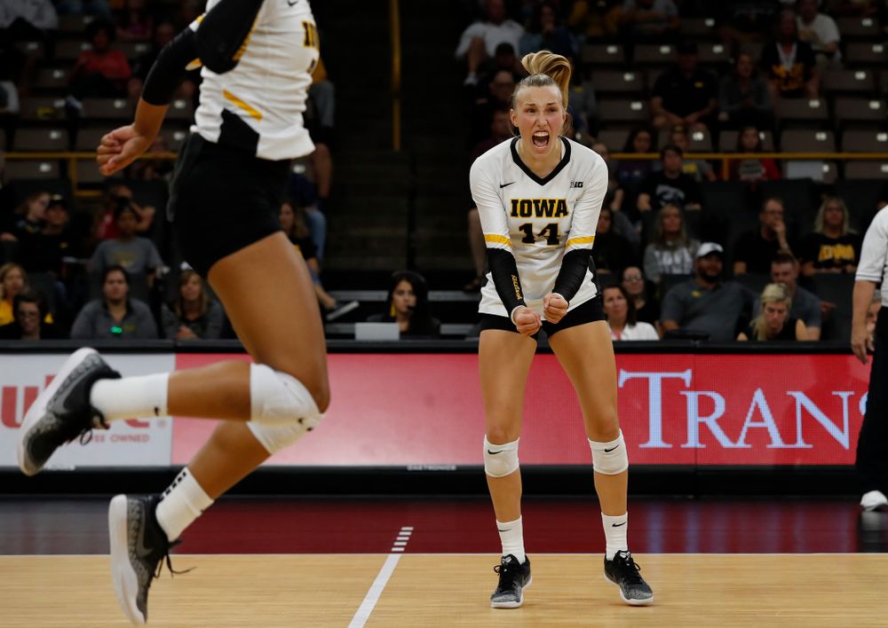 Iowa Hawkeyes outside hitter Cali Hoye (14) against the Michigan Wolverines Sunday, September 23, 2018 at Carver-Hawkeye Arena. (Brian Ray/hawkeyesports.com)