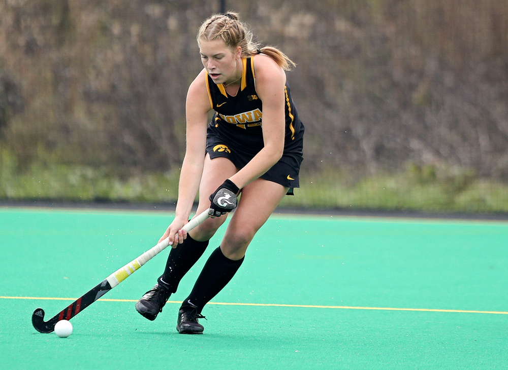 Iowa’s Lokke Stribos (14) controls the ball during the first quarter of their game at Grant Field in Iowa City on Saturday, Oct 26, 2019. (Stephen Mally/hawkeyesports.com)