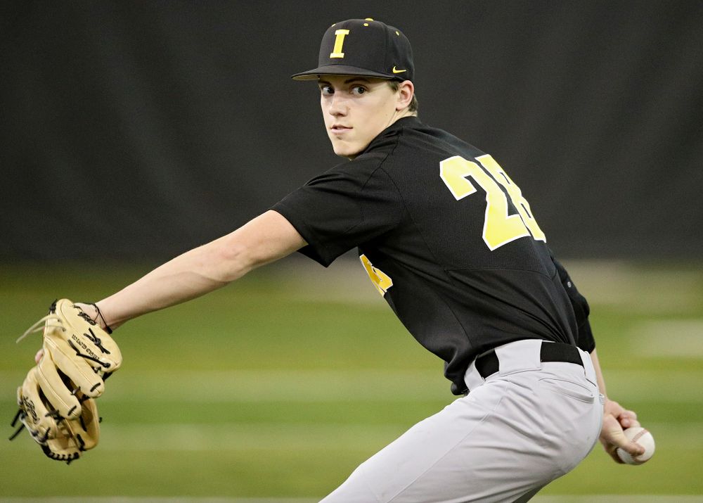 Iowa Hawkeyes pitcher Sam Goodman (28) throws during practice at the Hansen Football Performance Center in Iowa City on Friday, January 24, 2020. (Stephen Mally/hawkeyesports.com)