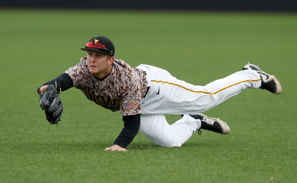 Iowa Hawkeyes outfielder Robert Neustrom (44) during a double header against the Indiana Hoosiers Friday, March 23, 2018 at Duane Banks Field. (Brian Ray/hawkeyesports.com)