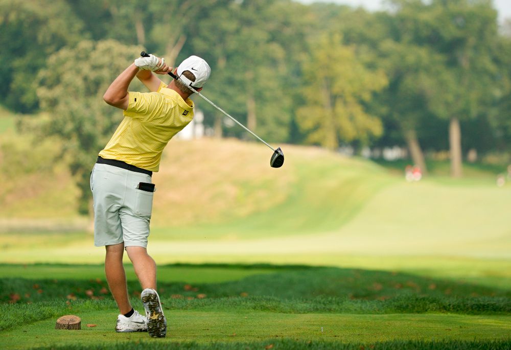 Iowa’s Matthew Garside tees off during the third day of the Golfweek Conference Challenge at the Cedar Rapids Country Club in Cedar Rapids on Tuesday, Sep 17, 2019. (Stephen Mally/hawkeyesports.com)