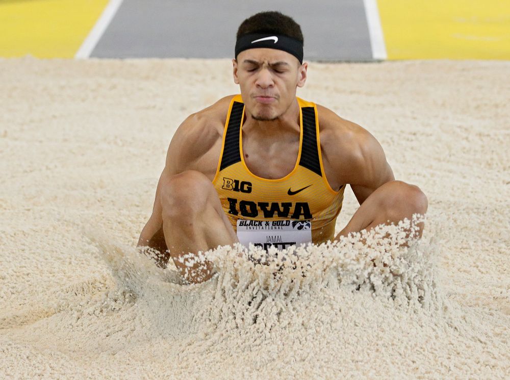 Iowa’s Jamal Britt competes in the men’s long jump event at the Black and Gold Invite at the Recreation Building in Iowa City on Saturday, February 1, 2020. (Stephen Mally/hawkeyesports.com)