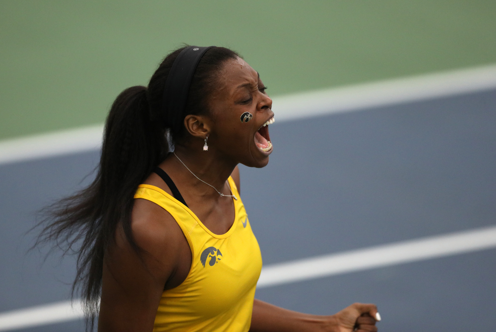 Iowa's Adorabol Huckleby against the Iowa State Cyclones Friday, February 8, 2019 at the Hawkeye Tennis and Recreation Complex. (Brian Ray/hawkeyesports.com)