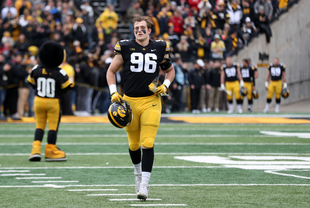 Iowa Hawkeyes defensive end Matt Nelson (96) during senior day activities before their game against the Nebraska Cornhuskers Friday, November 23, 2018 at Kinnick Stadium. (Brian Ray/hawkeyesports.com)