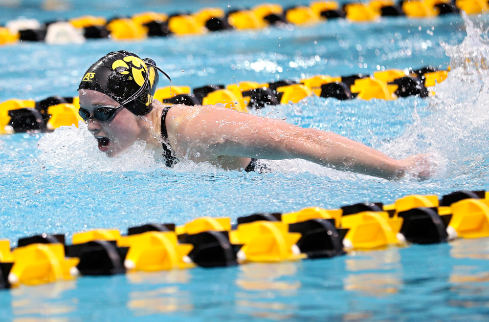 Iowa’s Kelsey Drake swims in the women’s 200 yard butterfly preliminary event during the 2020 Women’s Big Ten Swimming and Diving Championships at the Campus Recreation and Wellness Center in Iowa City on Saturday, February 22, 2020. (Stephen Mally/hawkeyesports.com)