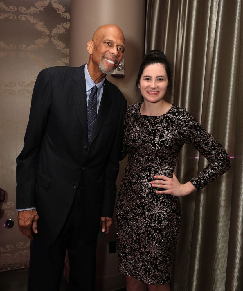 Iowa Hawkeyes forward Megan Gustafson (10) with NBA great Kareem Abdul-Jabbar before the ESPN College Basketball Awards show Friday, April 12, 2019 at The Novo at LA Live. (Brian Ray/hawkeyesports.com)