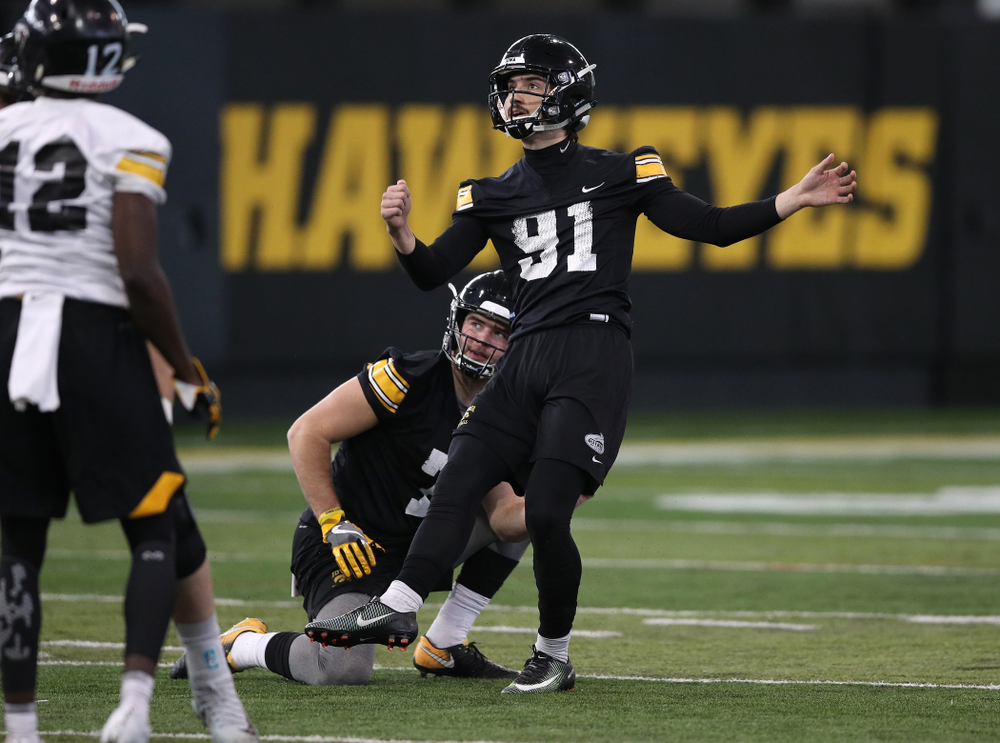 Iowa Hawkeyes place kicker Miguel Recinos (91) and punter Colten Rastetter (7) during preparation for the 2019 Outback Bowl Tuesday, December 18, 2018 at the Hansen Football Performance Center. (Brian Ray/hawkeyesports.com)