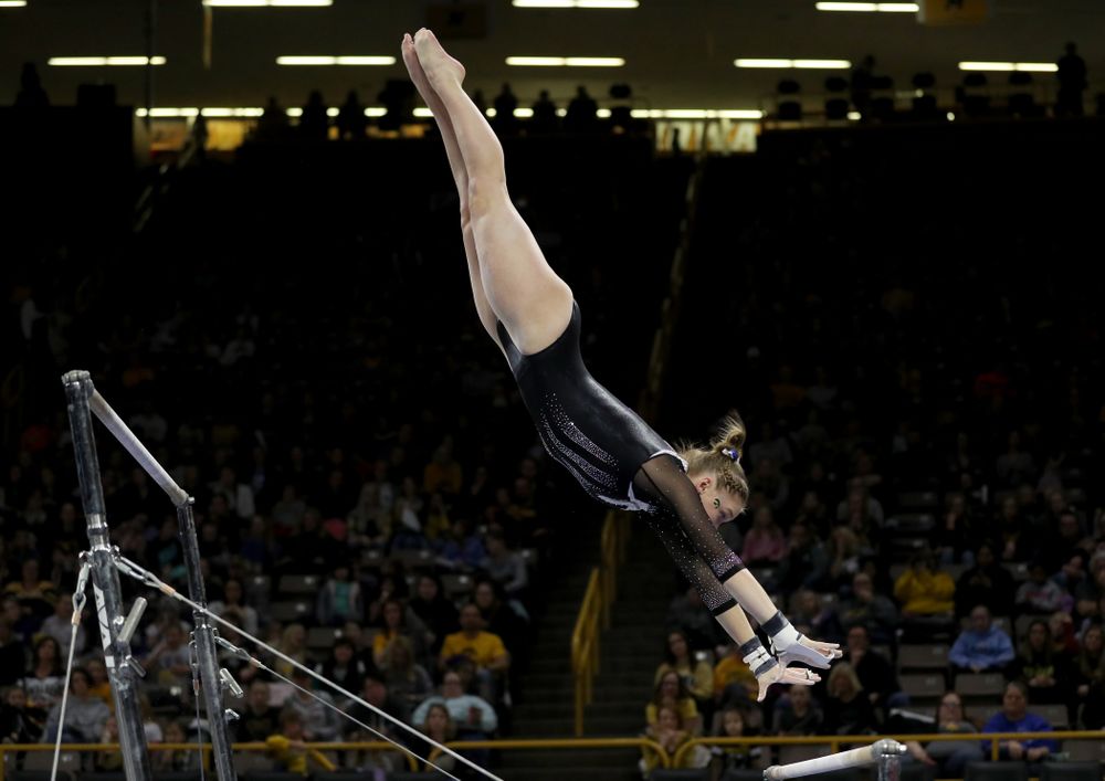 Iowa’s Allyson Steffensmeier competes on the bars against Michigan State Saturday, February 1, 2020 at Carver-Hawkeye Arena. (Brian Ray/hawkeyesports.com)