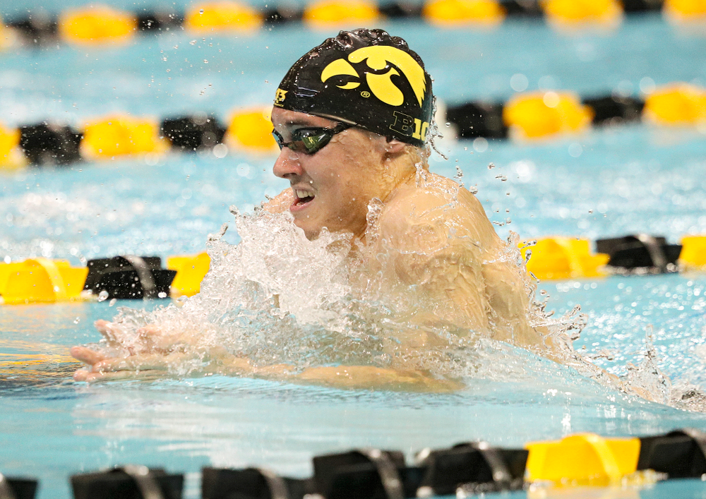 Iowa’s Daniel Swanepoel swims the men’s 200-yard breaststroke event during their meet against Michigan State and Northern Iowa at the Campus Recreation and Wellness Center in Iowa City on Friday, Oct 4, 2019. (Stephen Mally/hawkeyesports.com)