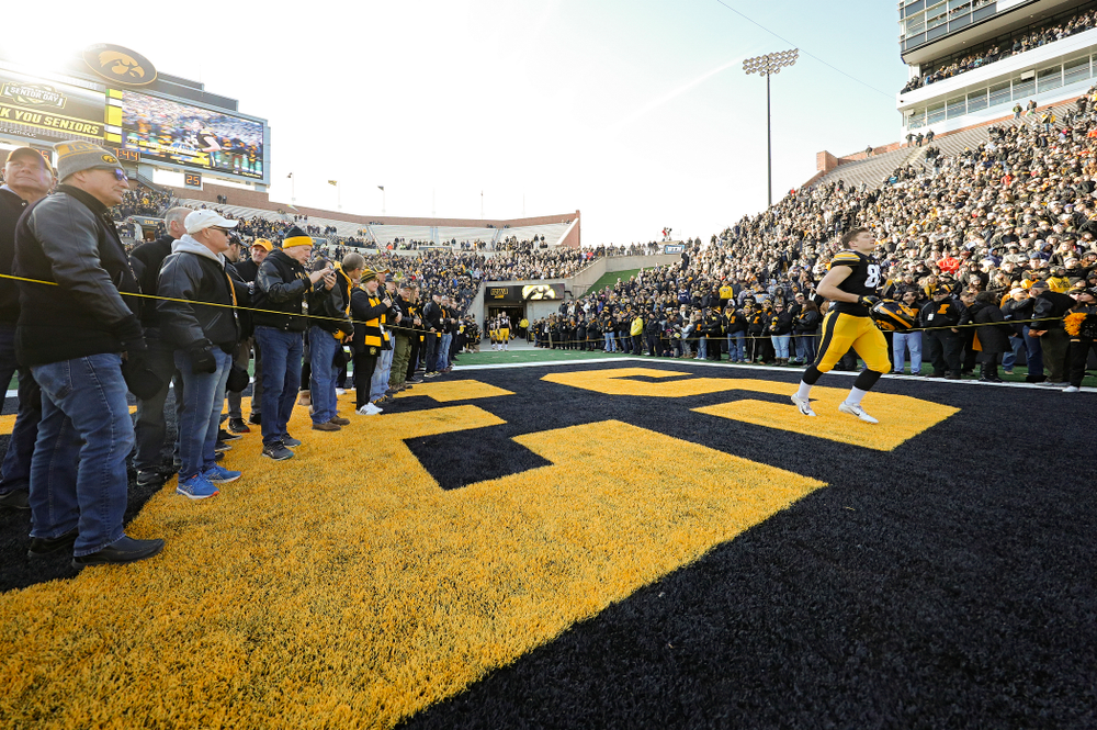 Iowa Hawkeyes long snapper Nate Vejvoda (85) is acknowledged on senior day before their game at Kinnick Stadium in Iowa City on Saturday, Nov 23, 2019. (Stephen Mally/hawkeyesports.com)