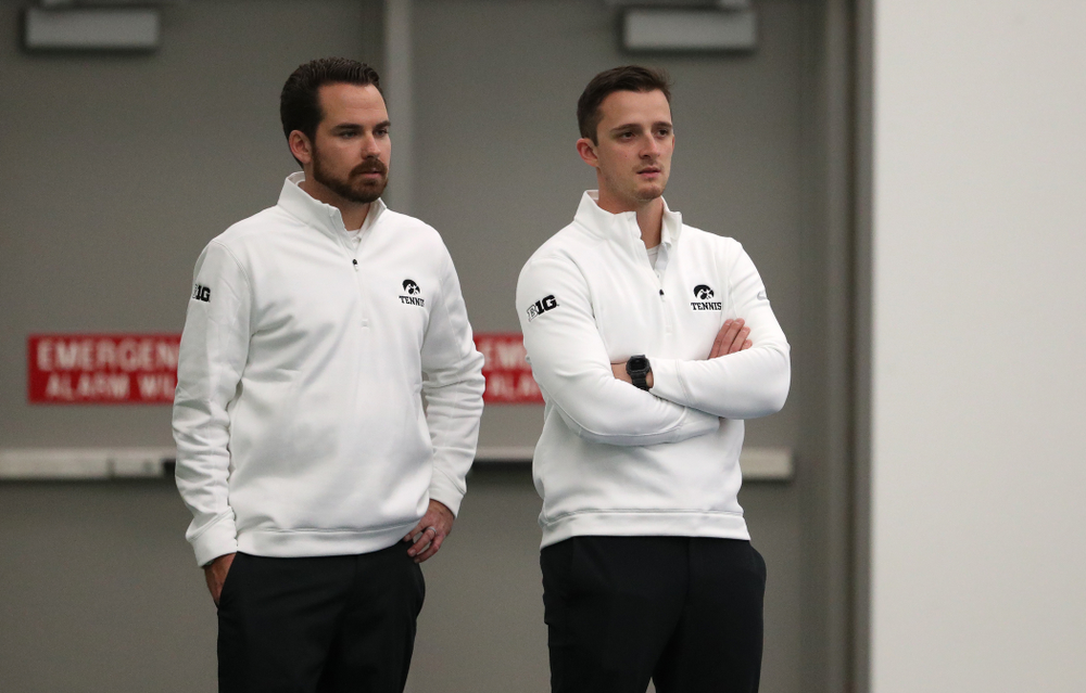 Iowa Hawkeyes head coach Ross Wilson and assistant coach Joey Manilla against the Butler Bulldogs Sunday, January 27, 2019 at the Hawkeye Tennis and Recreation Complex. (Brian Ray/hawkeyesports.com)