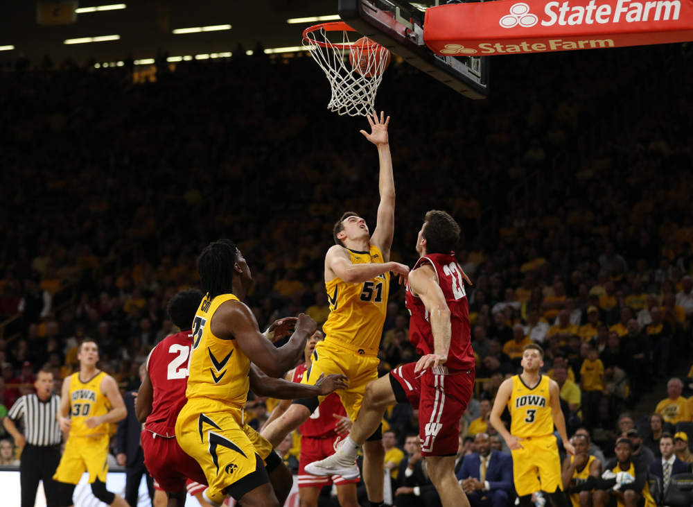 Iowa Hawkeyes forward Nicholas Baer (51) against the Wisconsin Badgers Friday, November 30, 2018 at Carver-Hawkeye Arena. (Brian Ray/hawkeyesports.com)