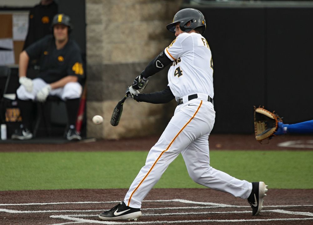 Iowa left fielder Brayden Frazier (4) bats during the fourth inning of their college baseball game at Duane Banks Field in Iowa City on Wednesday, March 11, 2020. (Stephen Mally/hawkeyesports.com)