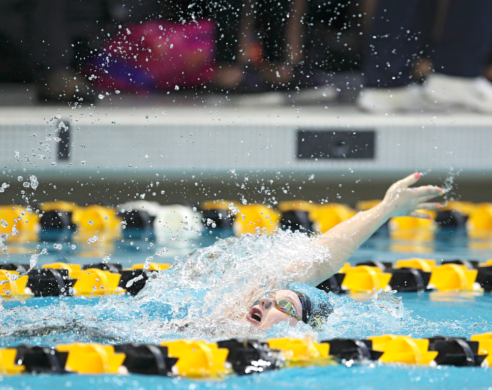 Iowa’s Georgia Clark swims in the women’s 200 yard backstroke preliminary event during the 2020 Women’s Big Ten Swimming and Diving Championships at the Campus Recreation and Wellness Center in Iowa City on Saturday, February 22, 2020. (Stephen Mally/hawkeyesports.com)